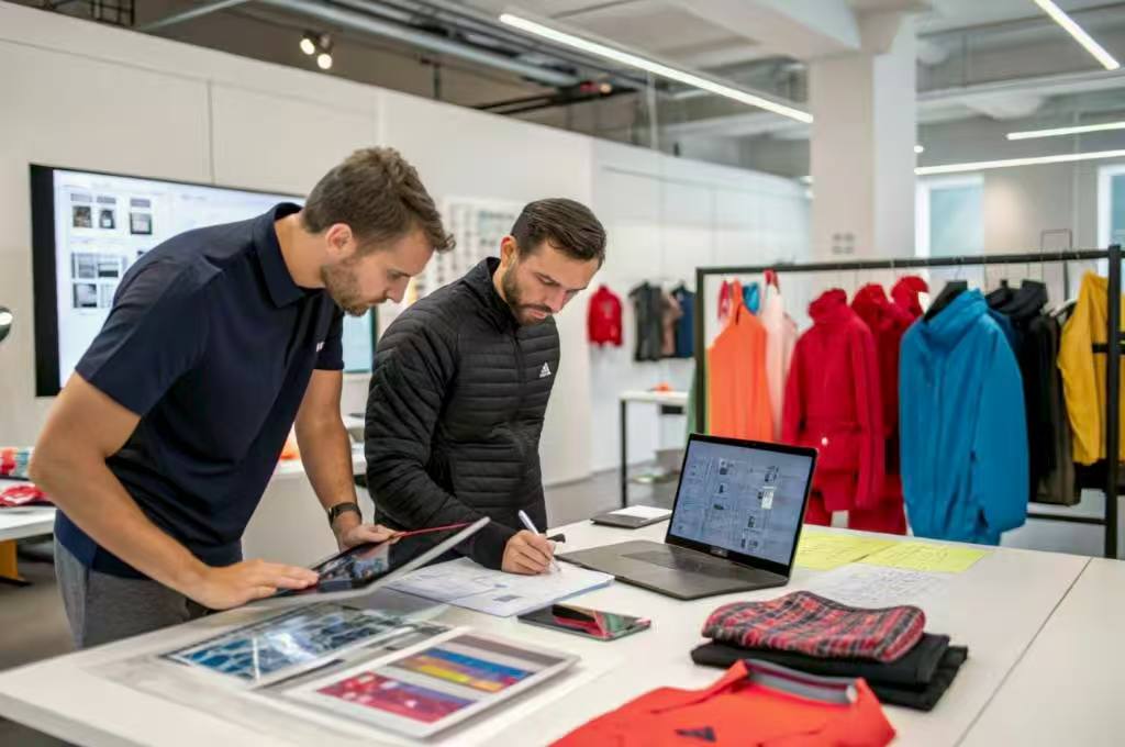 wo designers reviewing sportswear concepts with fabric samples.