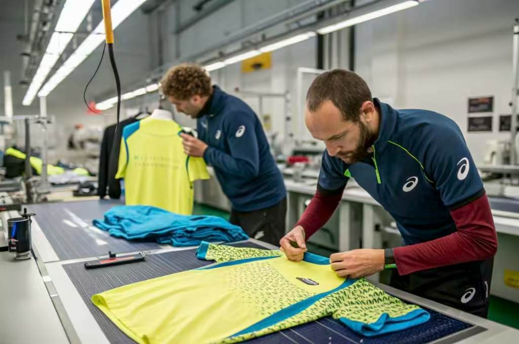 Two men inspect bright yellow sportswear shirts in a factory.