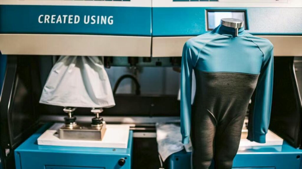Blue and black athletic suit displayed with automated machine