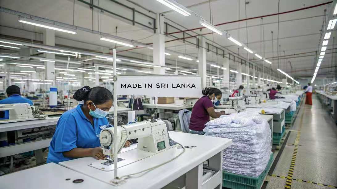 Workers sewing clothes under “Made in Sri Lanka” sign in factory.