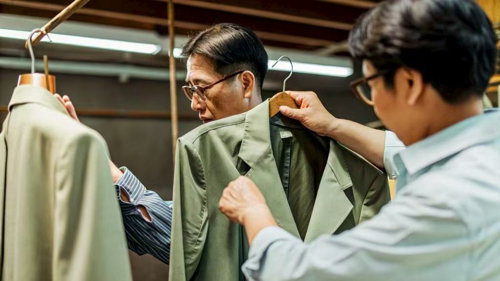 Two men inspecting a green suit in a tailoring shop
