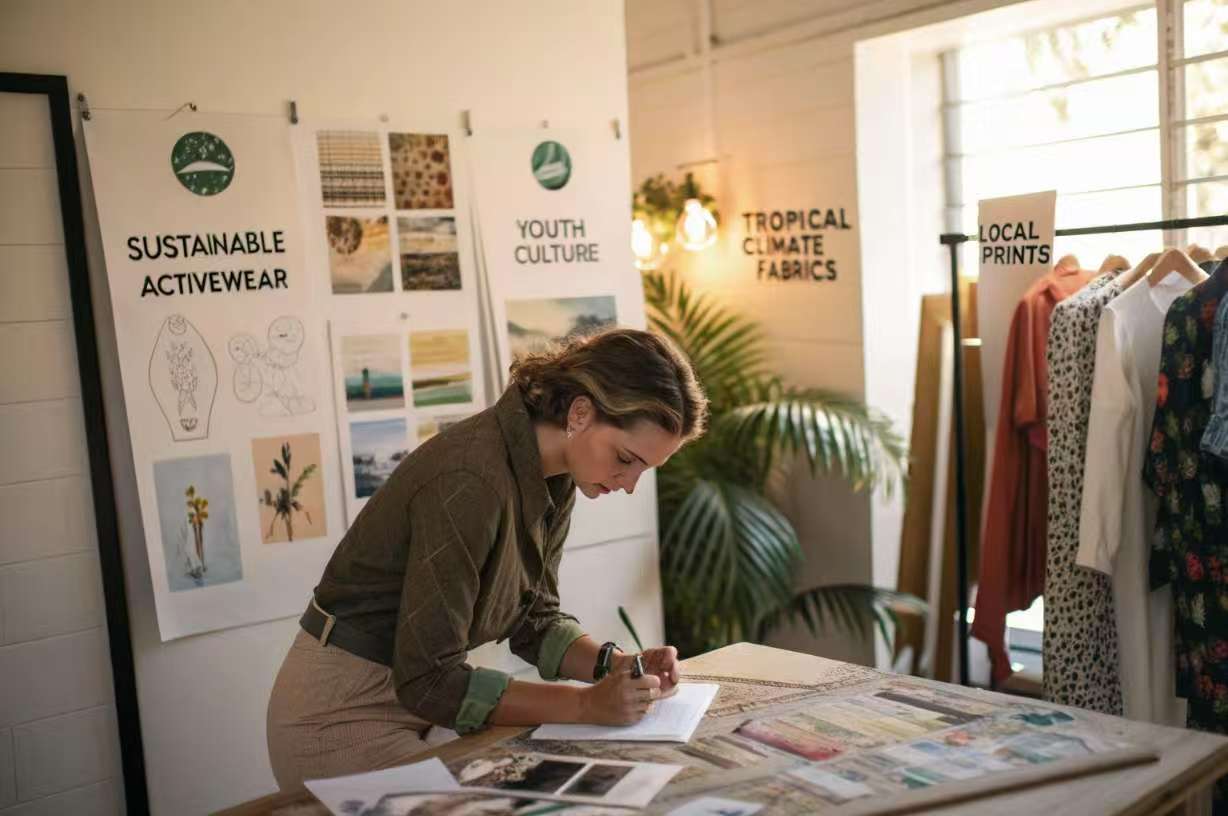 Designer writing notes in fabric studio.