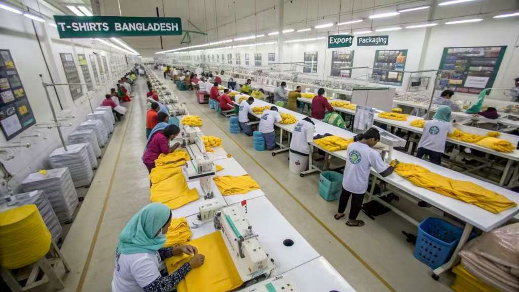 Workers sewing yellow T-shirts in Bangladesh factory.