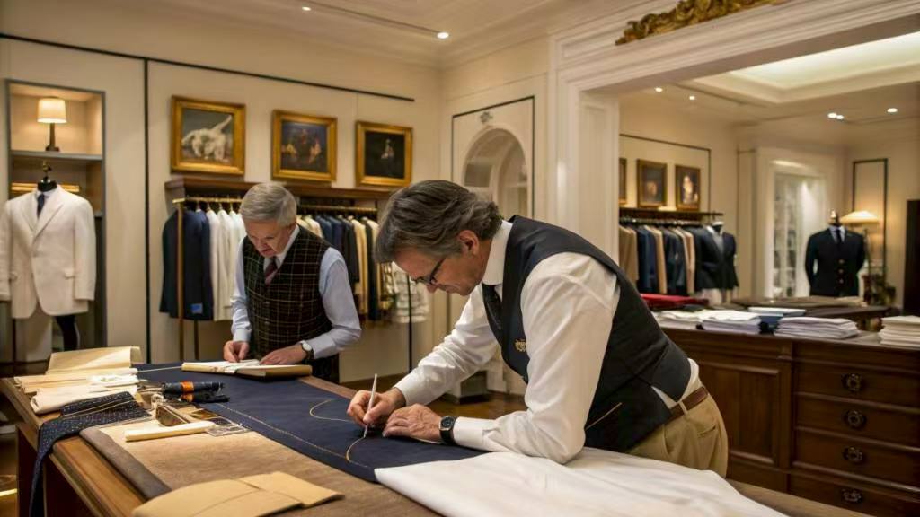 Tailors measuring fabric in upscale bespoke suit studio.