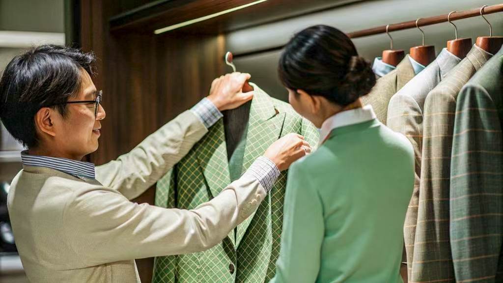 Man and woman choosing green plaid suit jacket