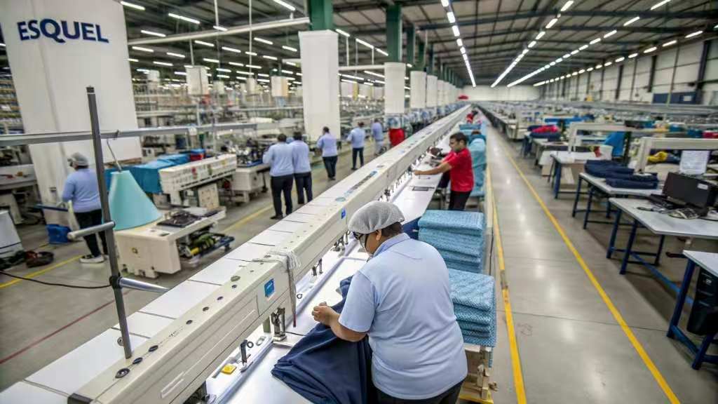Workers folding fabric on long production line in garment factory