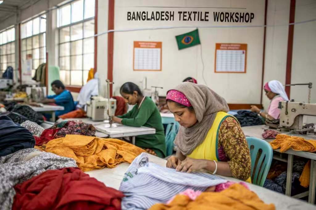 Women sewing colorful garments in a Bangladesh textile workshop.