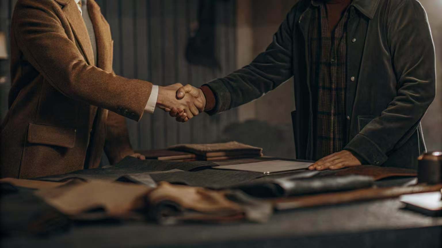 Two men shake hands across a table covered with fabrics, sealing a textile or fashion business agreement.