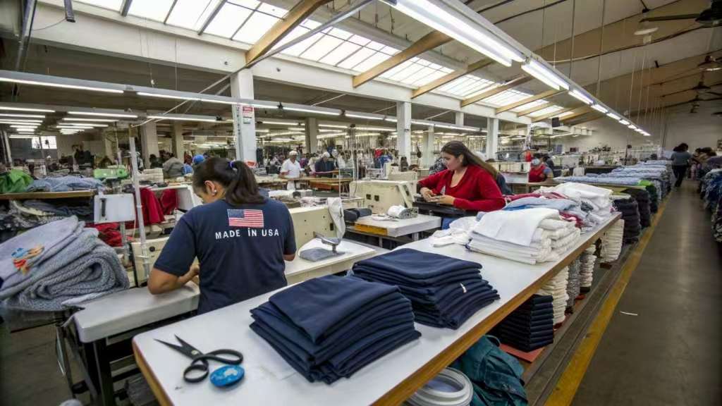 Workers sewing clothes in a Made in USA apparel factory