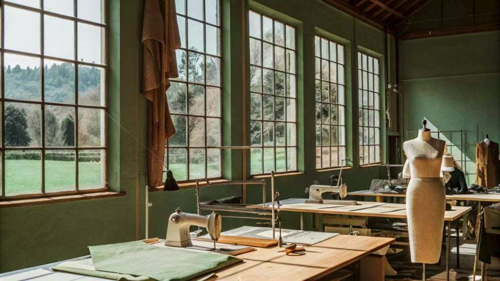Bright vintage sewing studio with large windows and mannequin