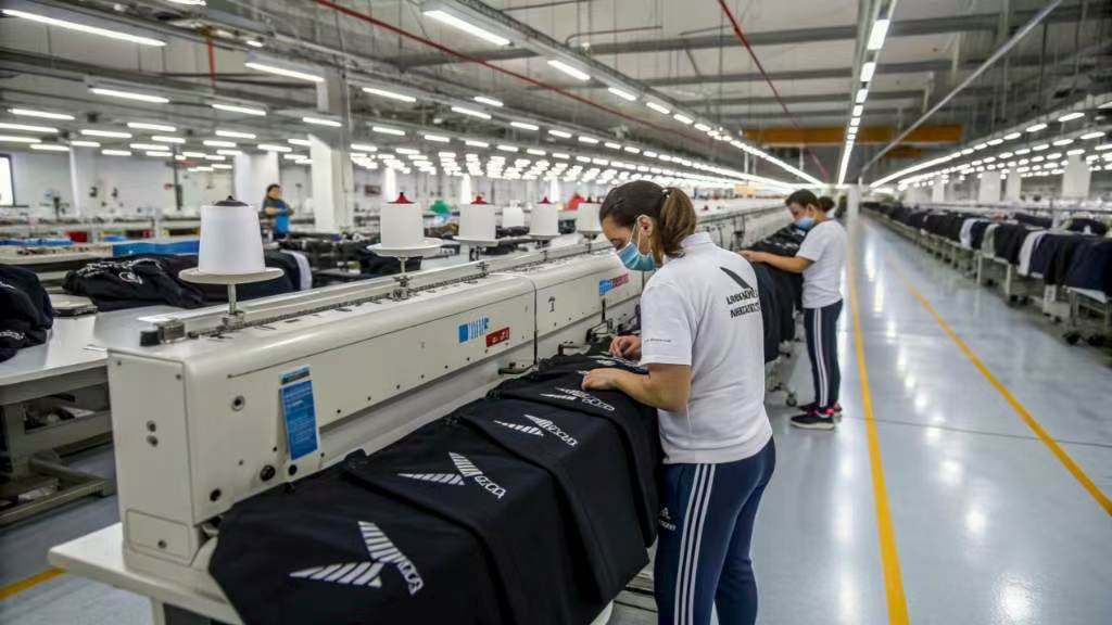 Factory workers operating embroidery machines on branded black garments