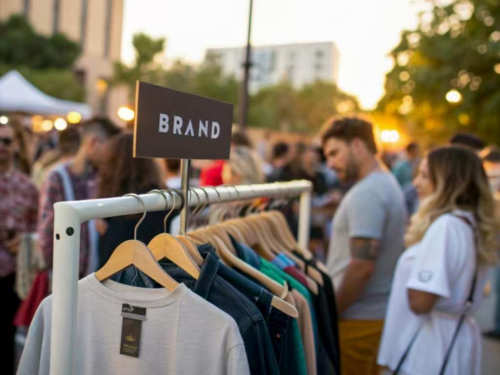 Clothing rack with brand sign at outdoor fashion market event