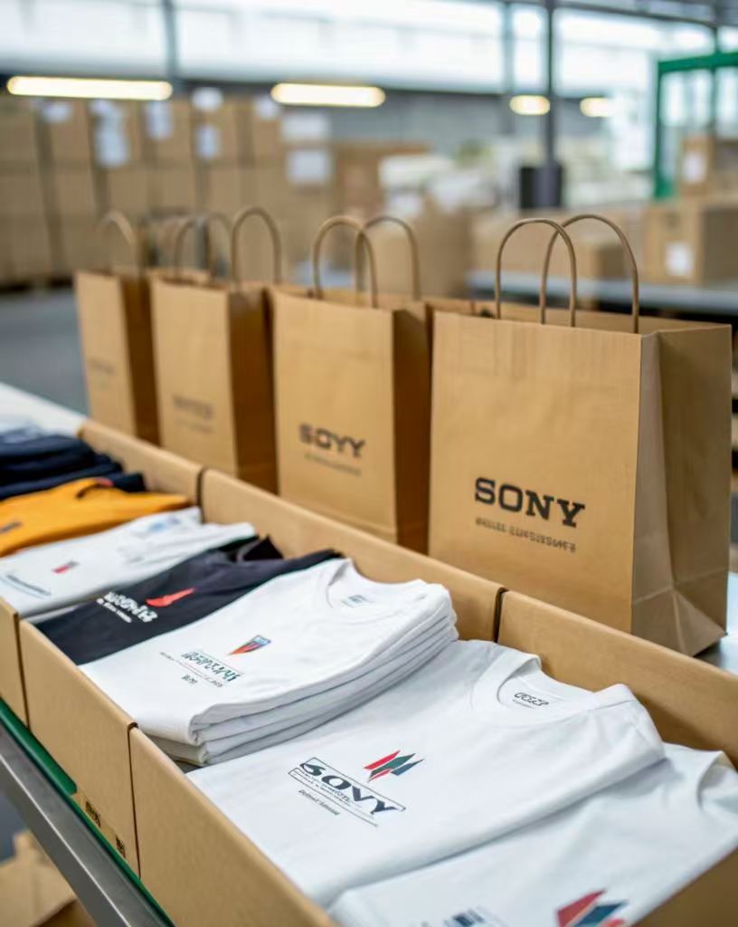 branded t-shirts folded in boxes with shopping bags