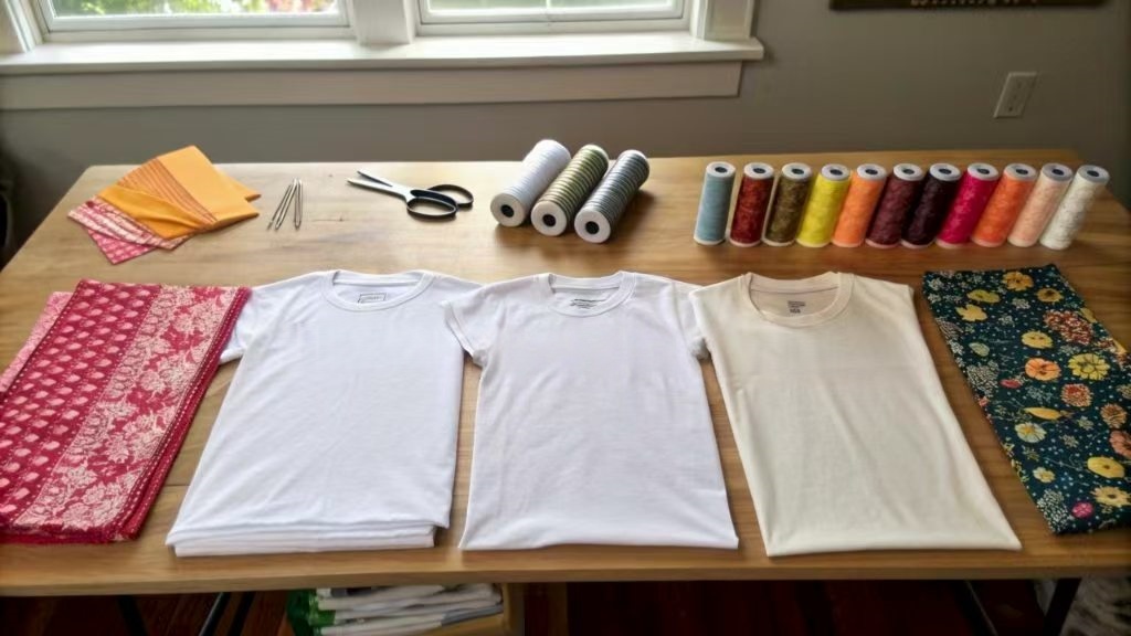 blank t-shirts with fabric swatches and colorful threads on table