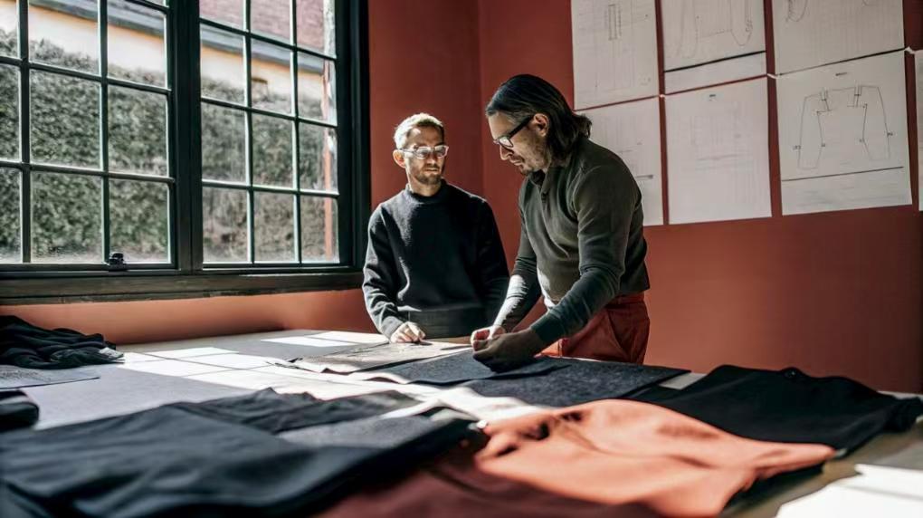 Two designers reviewing garment samples and sketches in a fashion studio