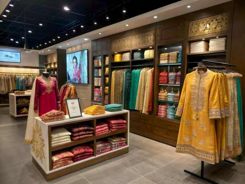 Boutique store with folded saris and traditional Indian outfits