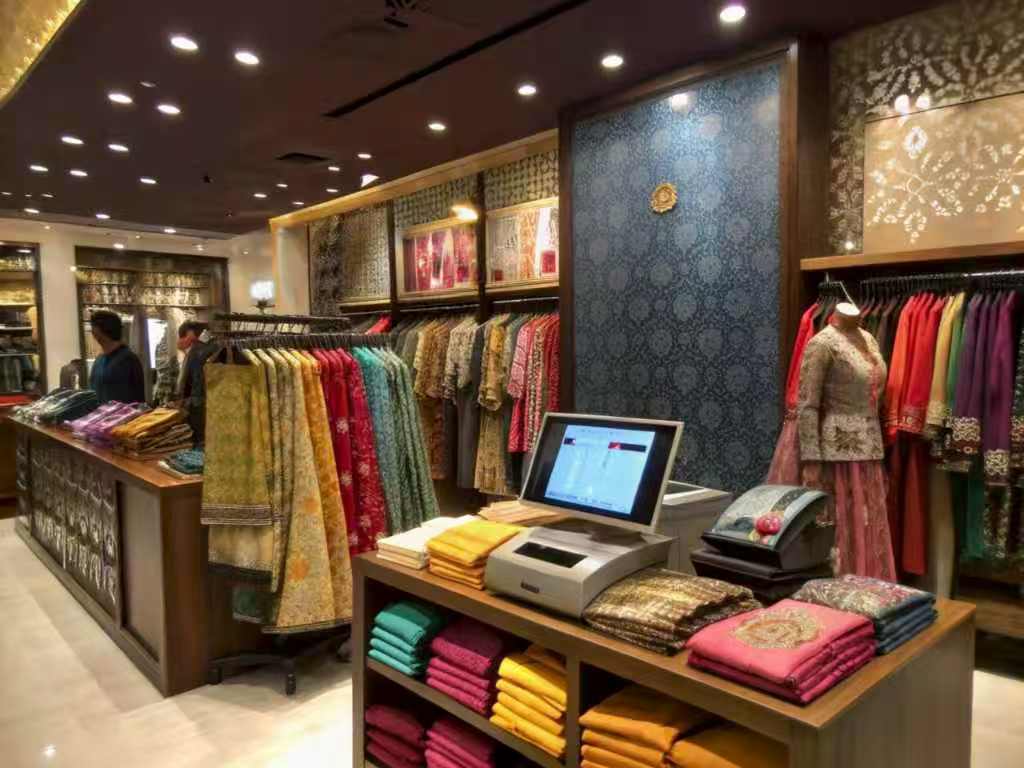 Indian ethnic wear boutique with colorful garments and checkout counter