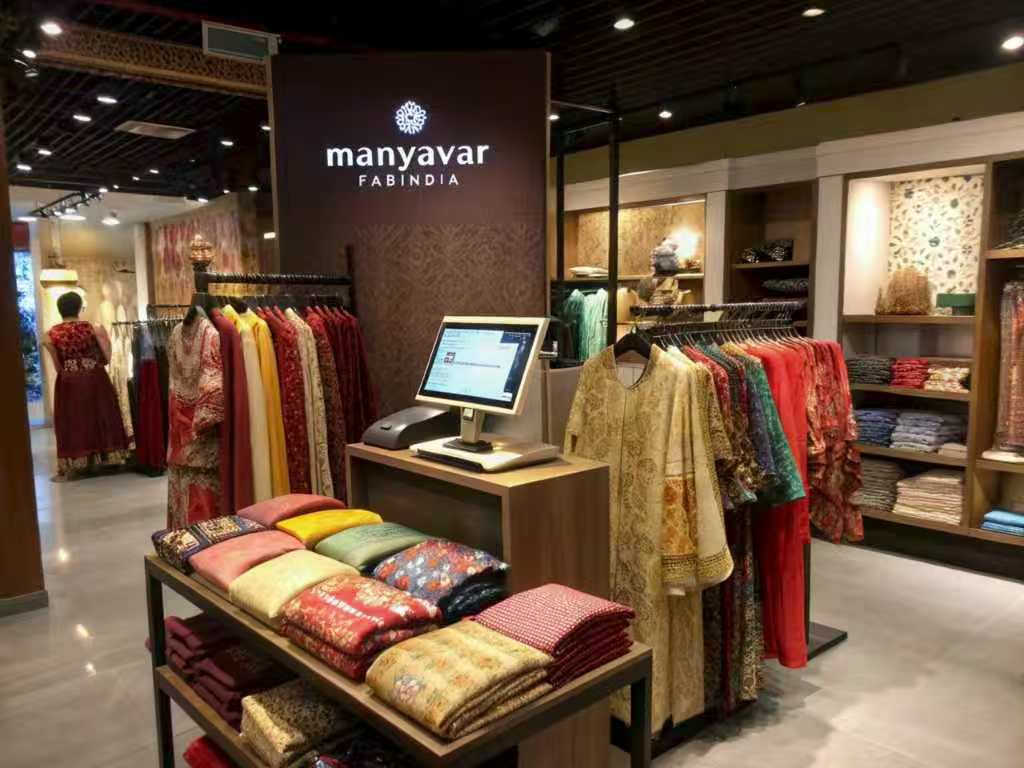 Boutique store with folded saris and traditional Indian outfits