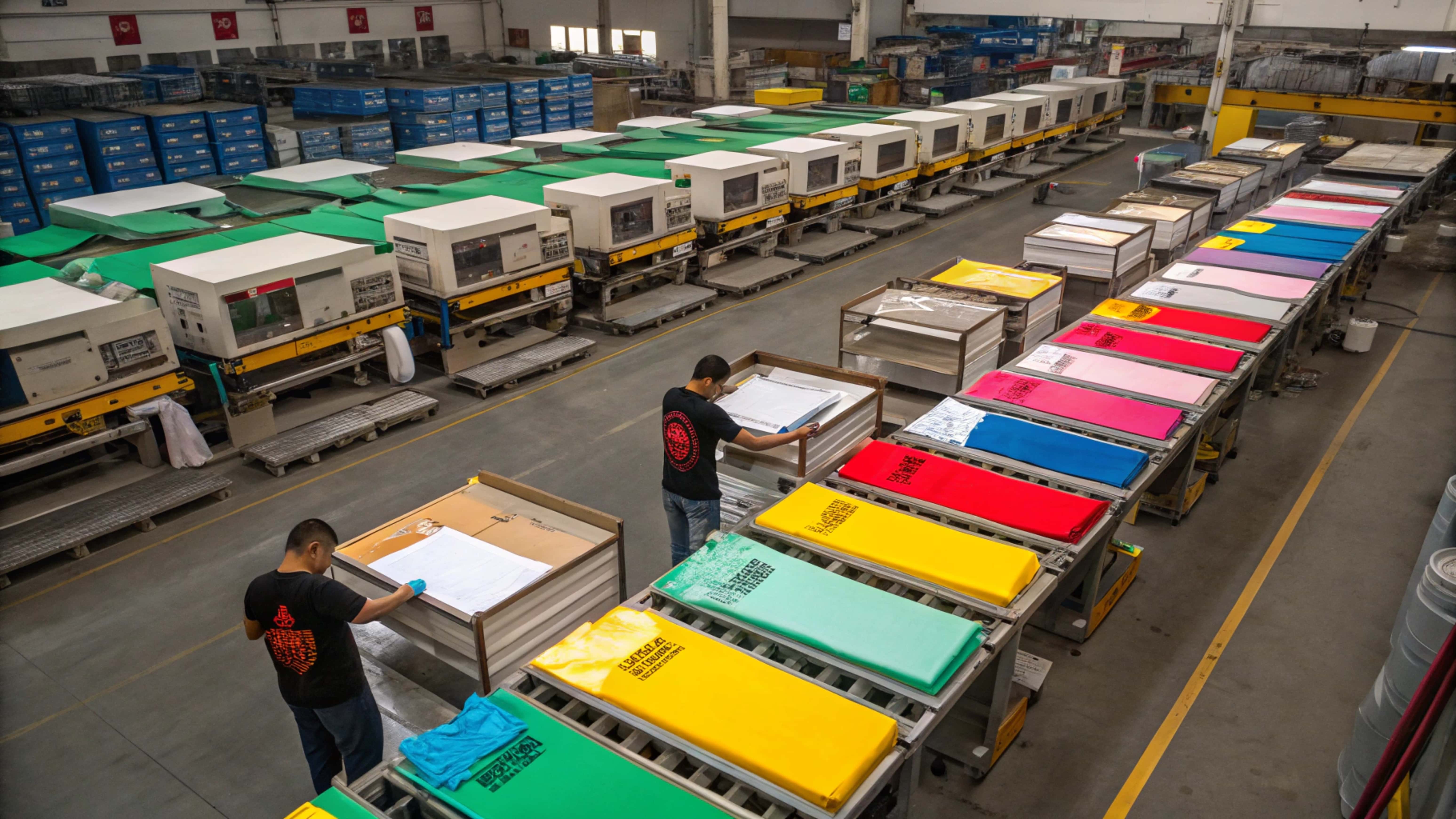 workers checking colorful printed fabrics in factory