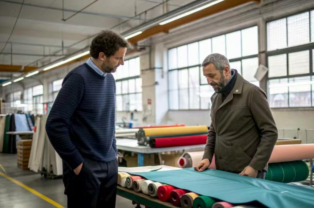 Two men discussing fabric rolls in textile manufacturing facility