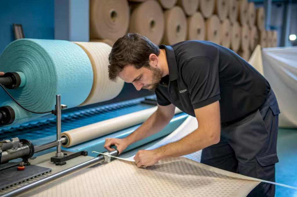 Worker measuring fabric from large textile rolls in production facility