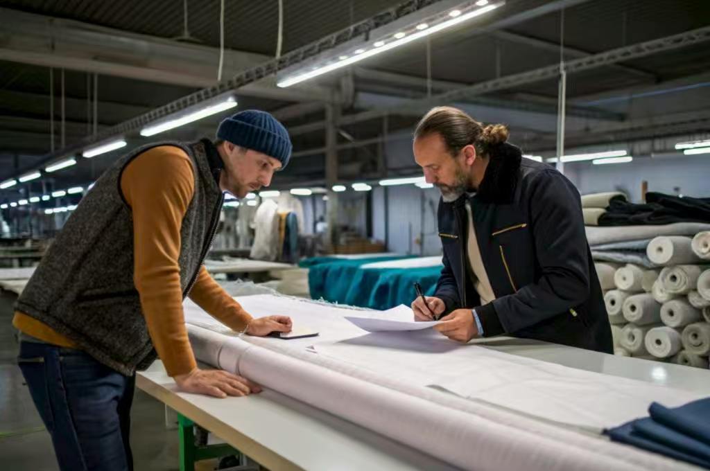 Two men reviewing garment patterns on fabric in large textile factory