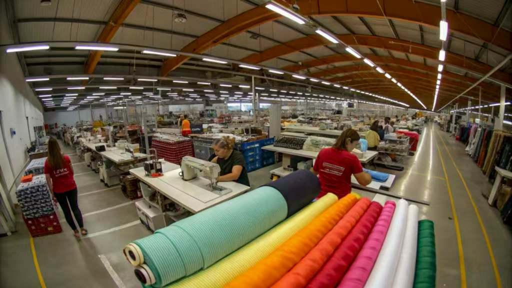 Textile factory with workers sewing and colorful fabric rolls in foreground