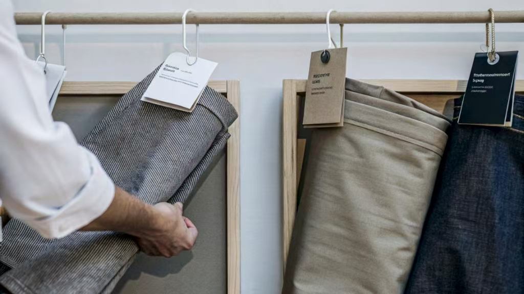 Person examining hanging fabric samples with labeled tags
