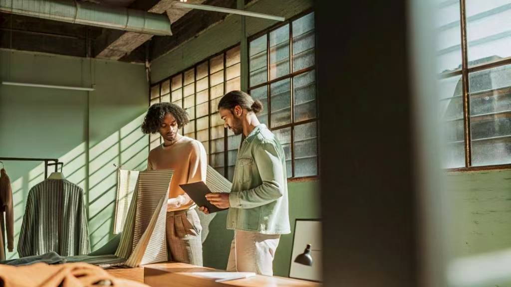 Two designers reviewing fabric samples in sunlit workspace