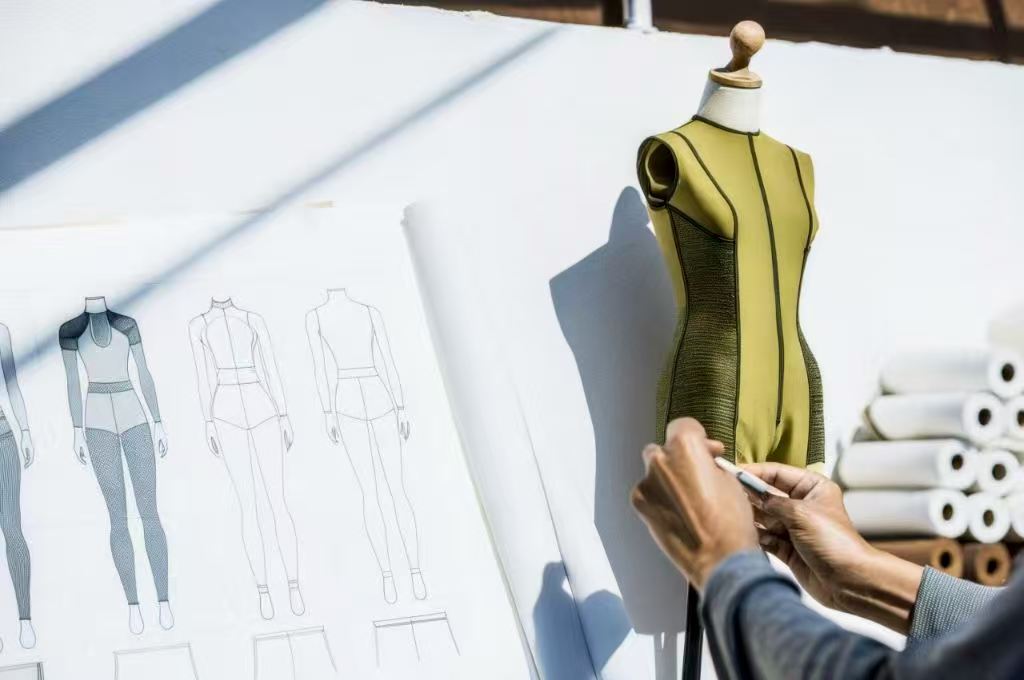 Designer working on dress form with sketches and fabric rolls nearby