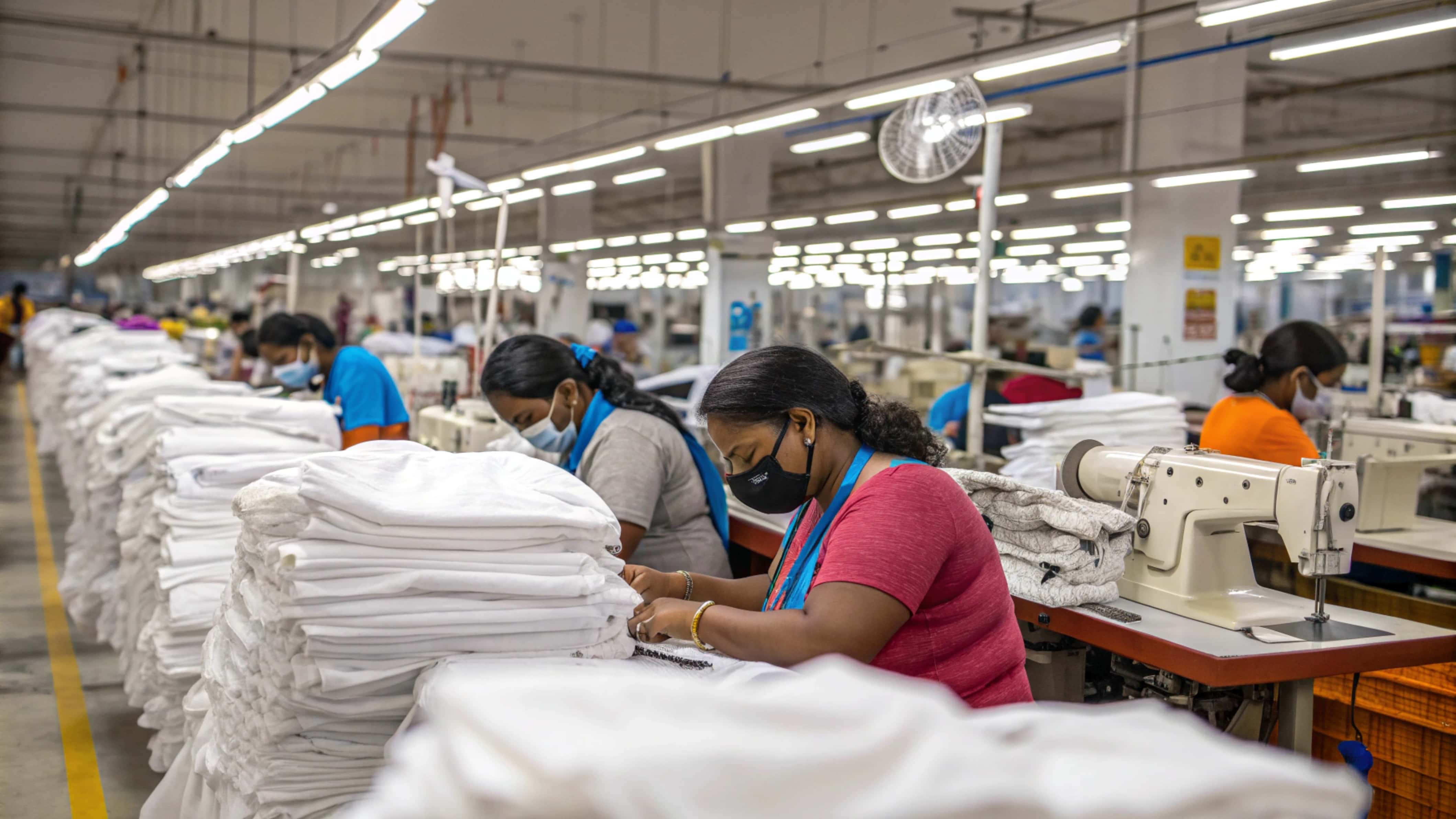 workers sewing white garments in large textile factory