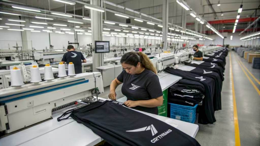 Worker operates embroidery machine in large clothing factory with branded garments