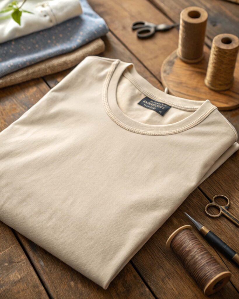 folded beige t-shirt with sewing tools on wooden table