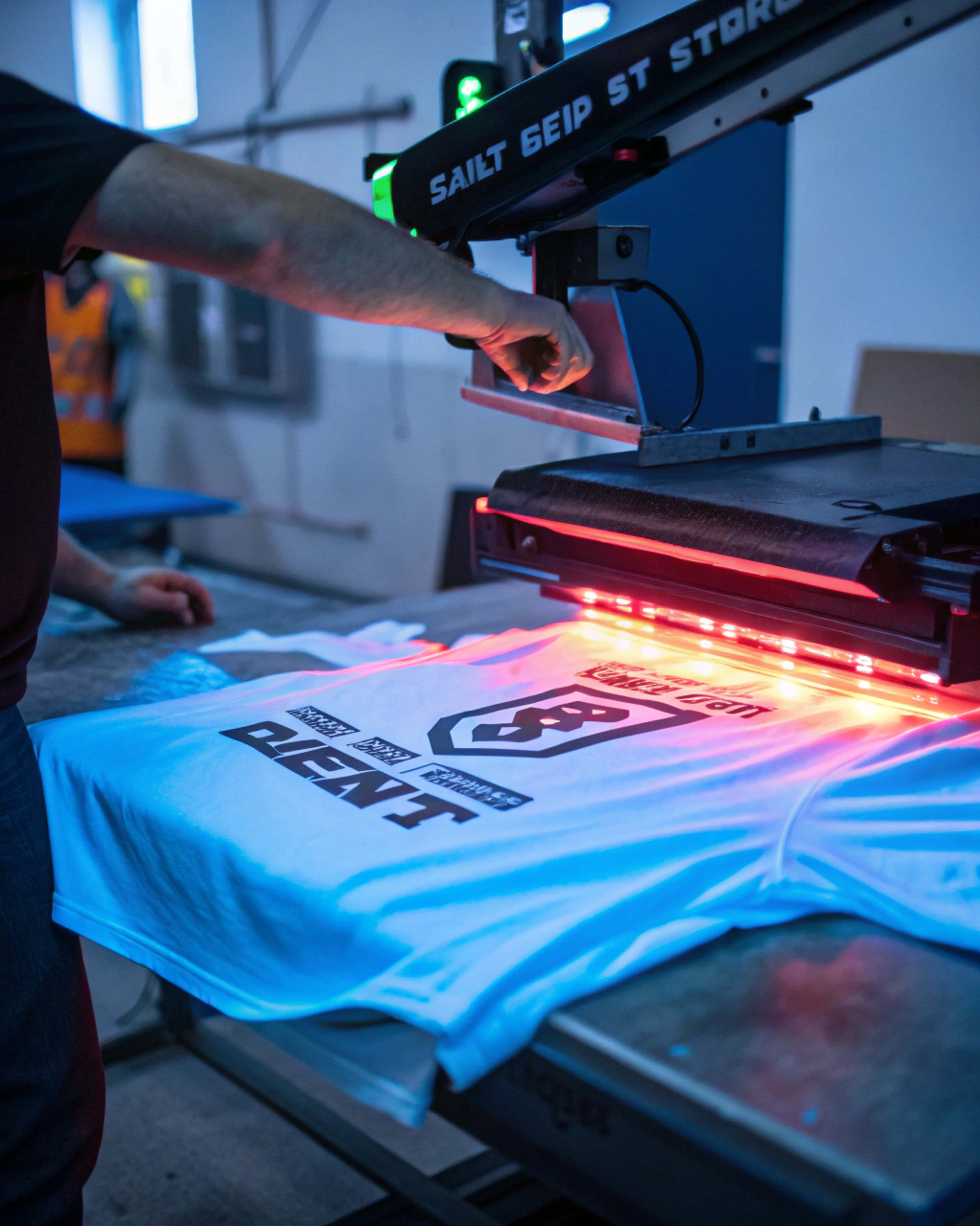 heat press machine printing design on white t-shirt