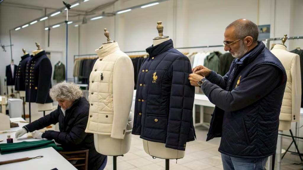 Tailor adjusting jacket on mannequin in studio with luxury outerwear