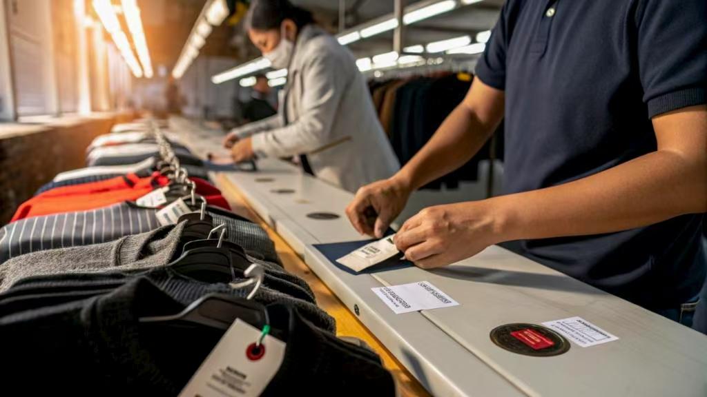 Workers attaching clothing labels in quality control section of garment factory