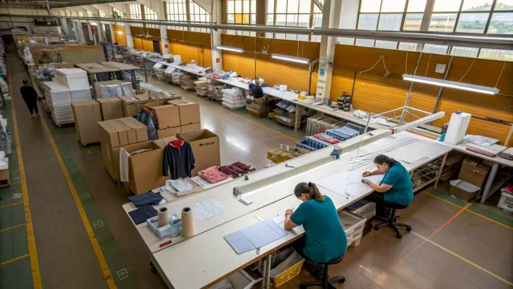 Workers drafting garment patterns at long table in textile factory