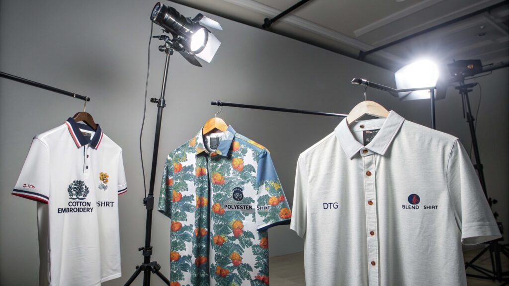 three polo shirts displayed under studio lights