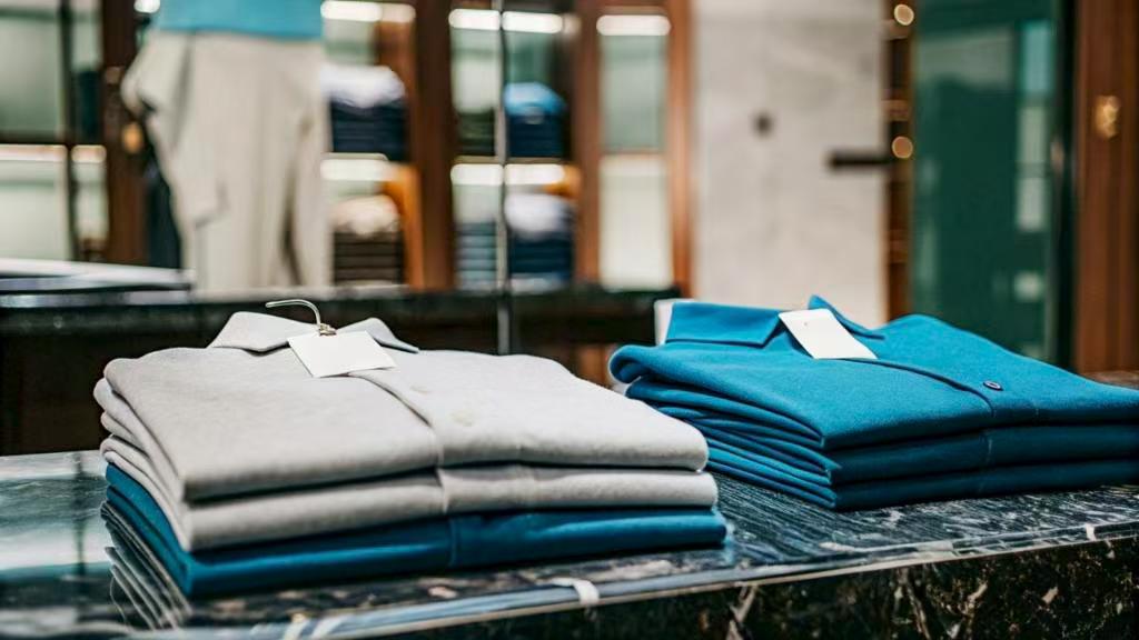 folded grey and blue shirts on marble counter