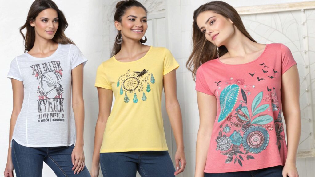 women wearing printed t-shirts in white yellow and pink