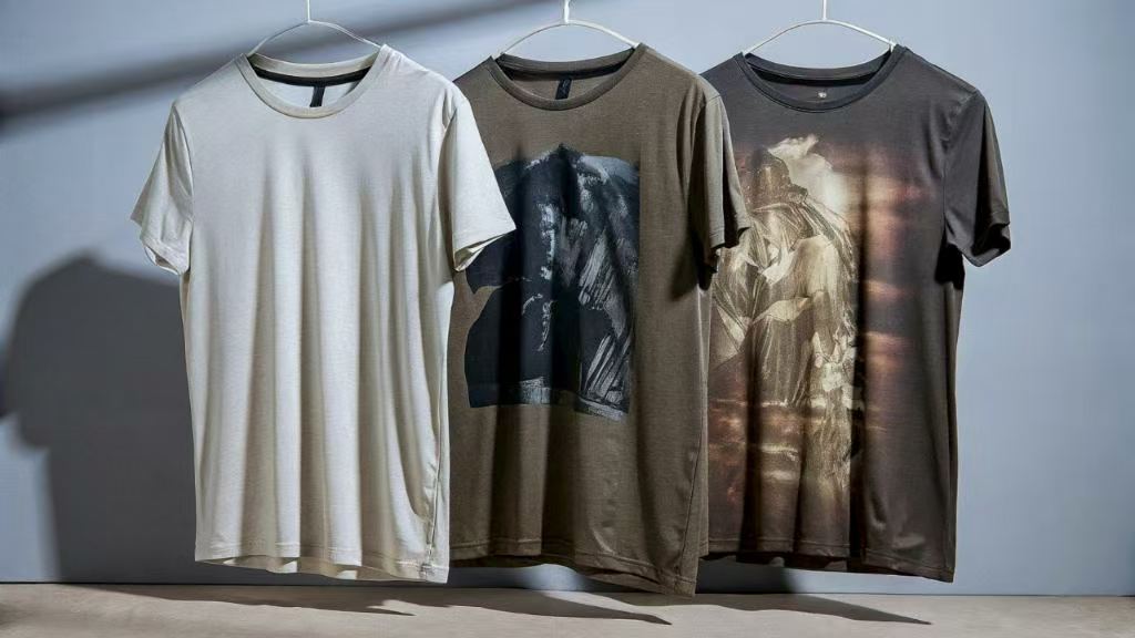 three hanging t-shirts with plain and graphic designs
