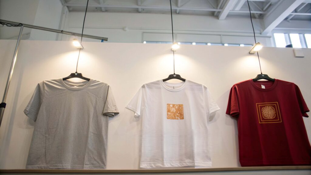three t-shirts showing screen print heat transfer and DTG methods