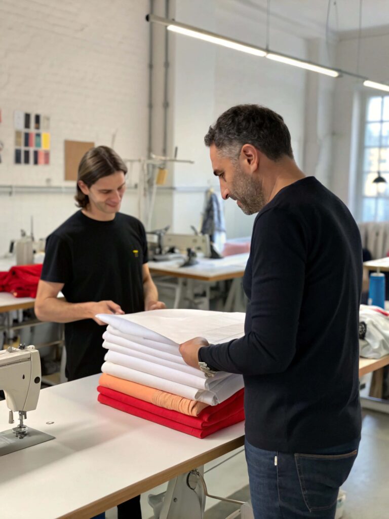 two men inspecting folded t-shirts in sewing workshop