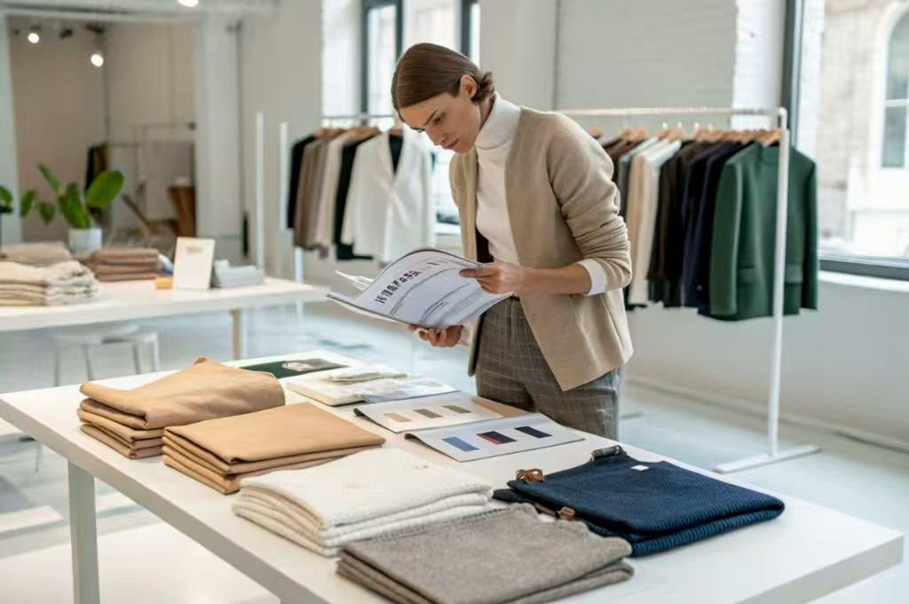 Woman reviewing textile samples and fabric swatches in fashion showroom
