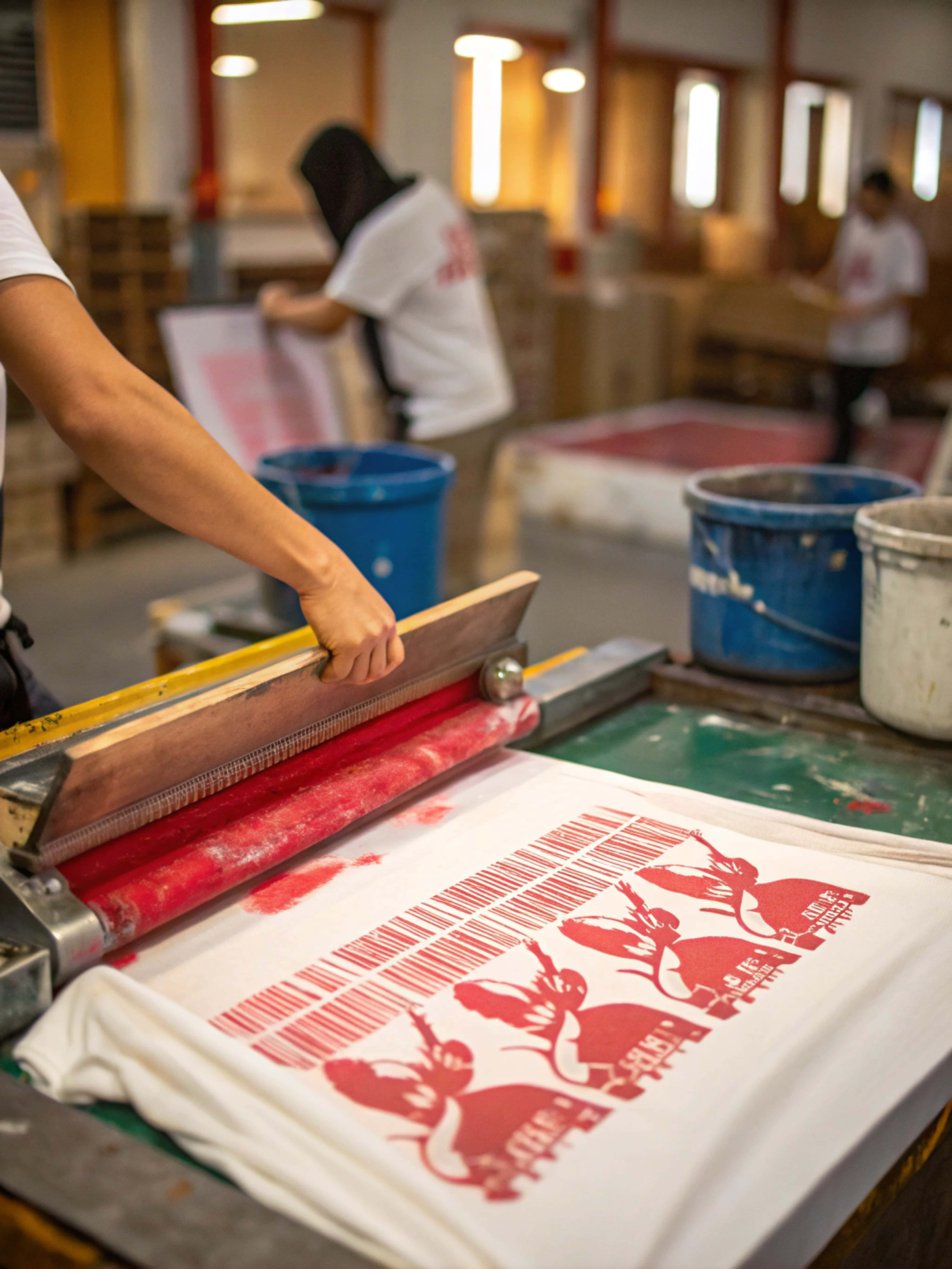 worker using screen printing machine to print red design on t-shirt