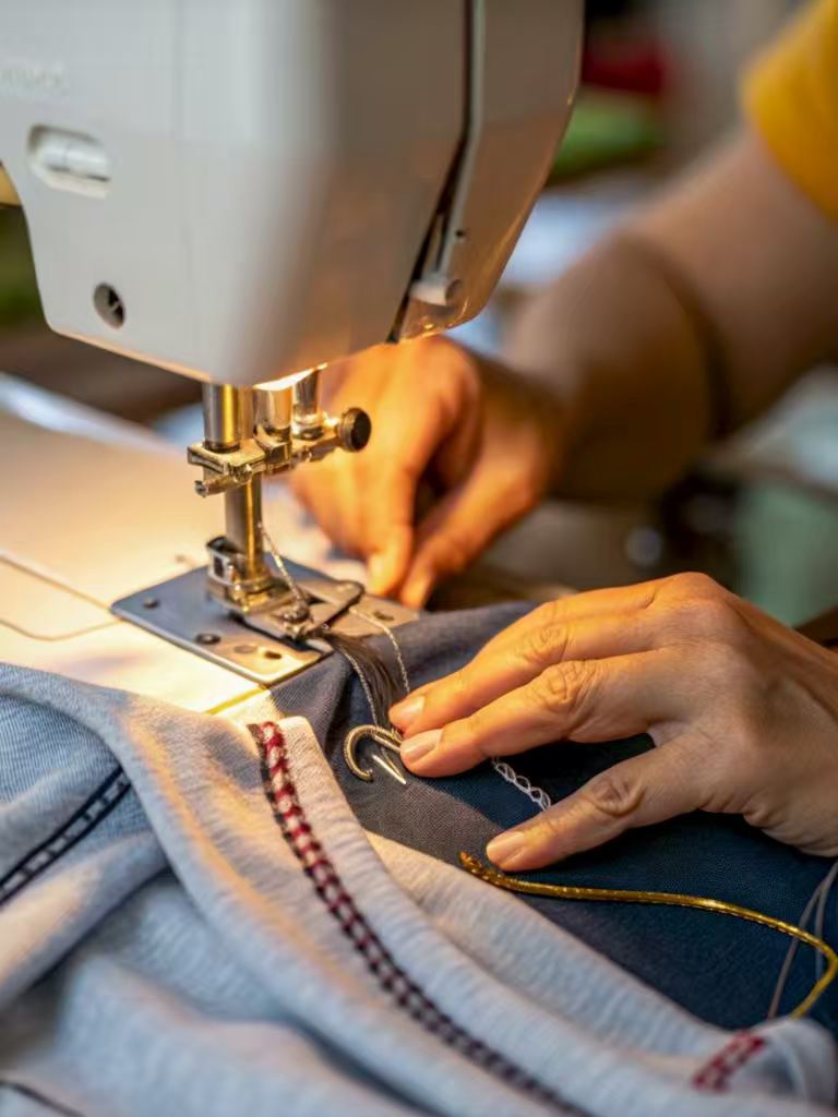 close-up sewing machine stitching blue fabric details