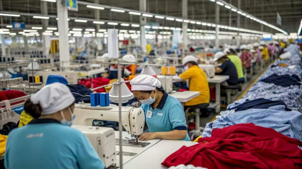 Garment workers sewing clothes in a large textile production factory