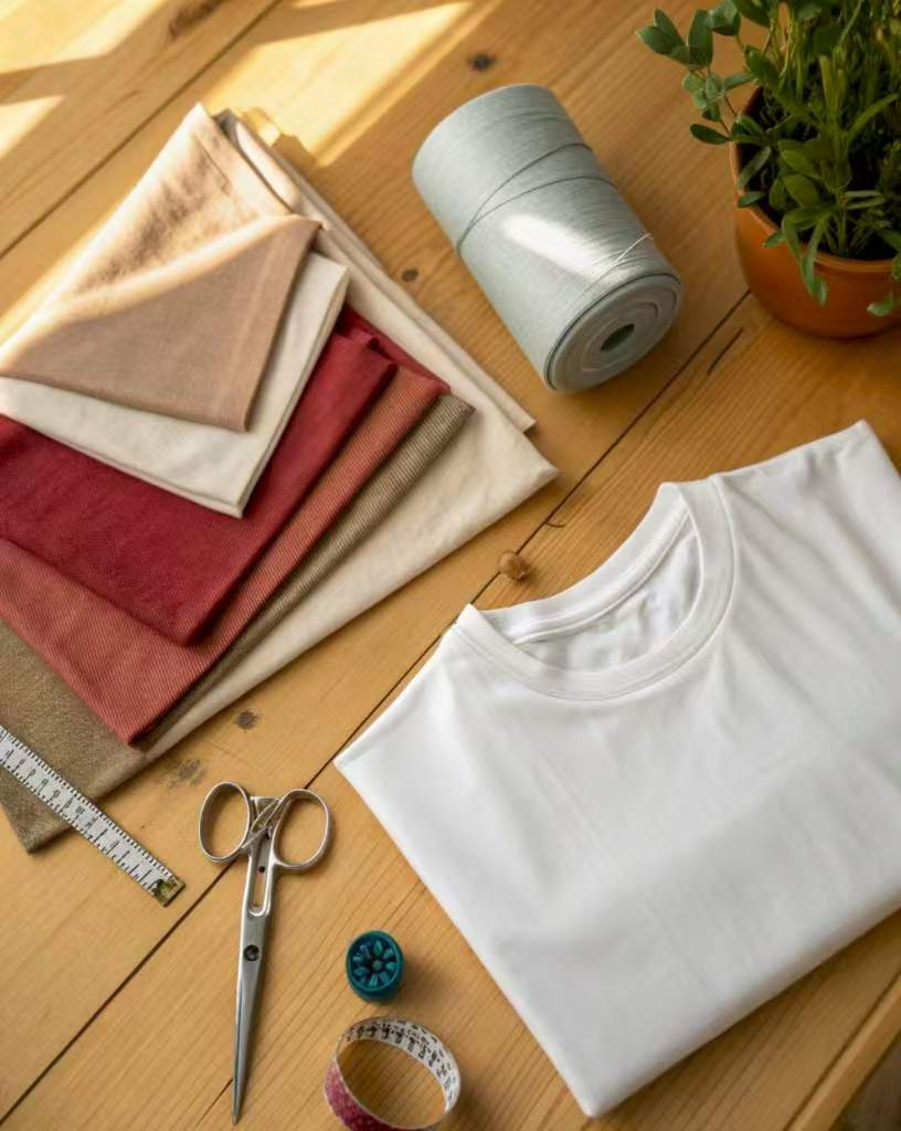 folded white t-shirt with fabric swatches and sewing tools