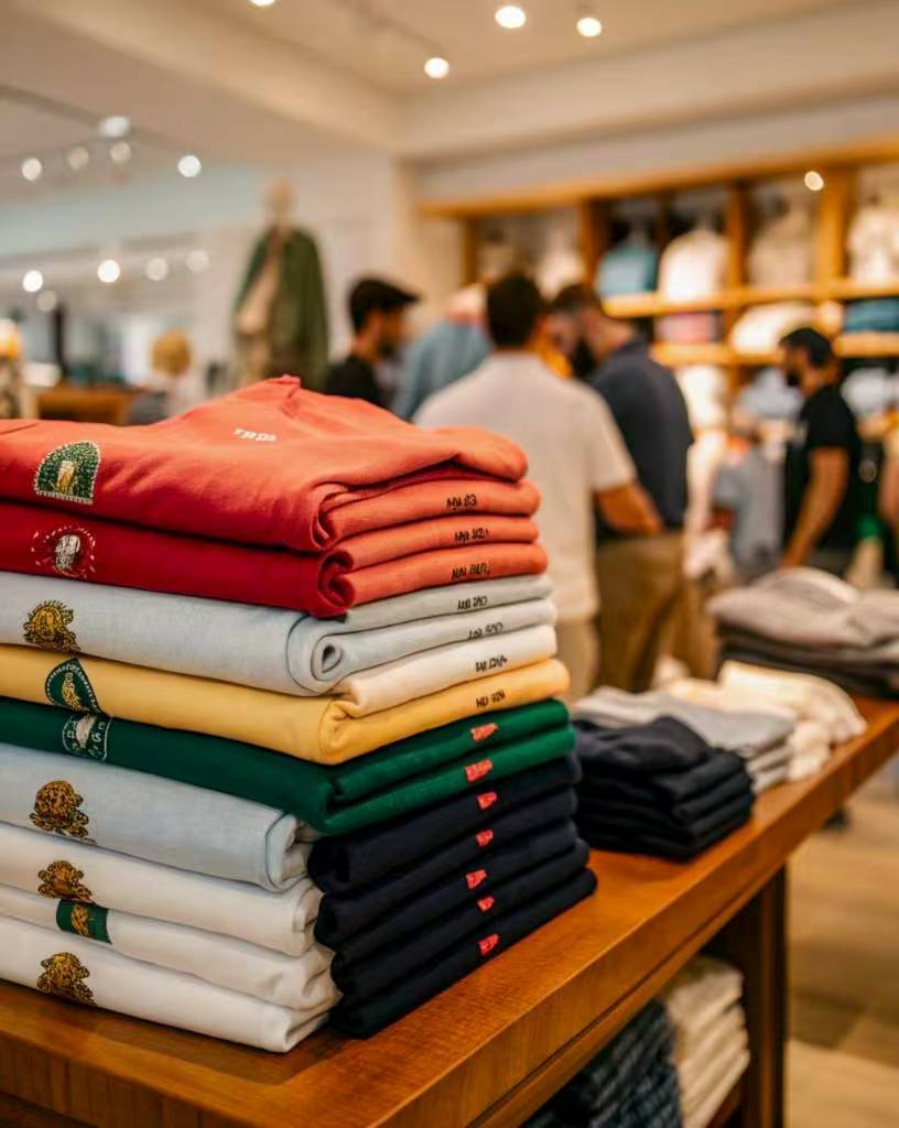 colorful folded t-shirts stacked on wooden table