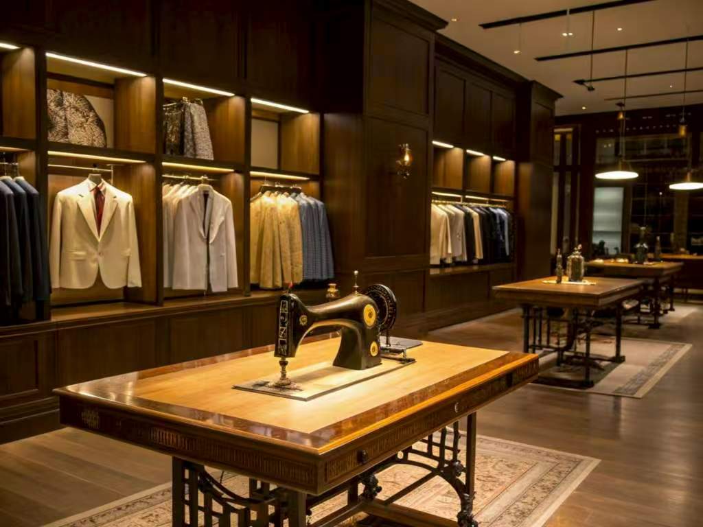 luxury tailor shop with suits and sewing machines